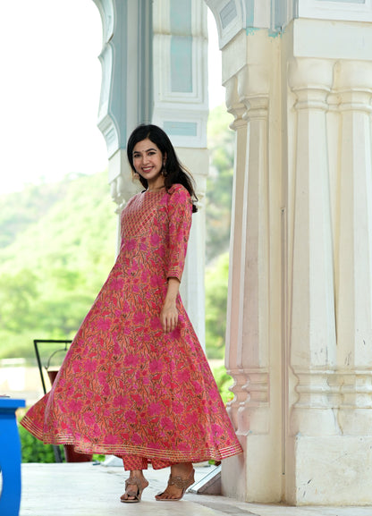 Women's Pink Handblock Dupatta Set