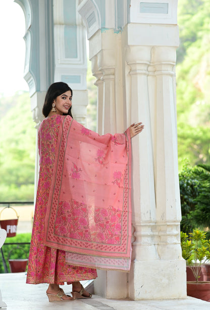 Women's Pink Handblock Dupatta Set