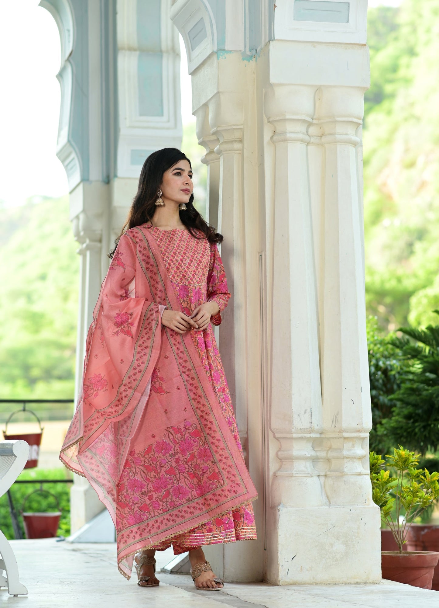 Women's Pink Handblock Dupatta Set