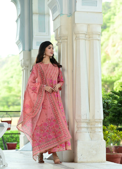 Women's Pink Handblock Dupatta Set