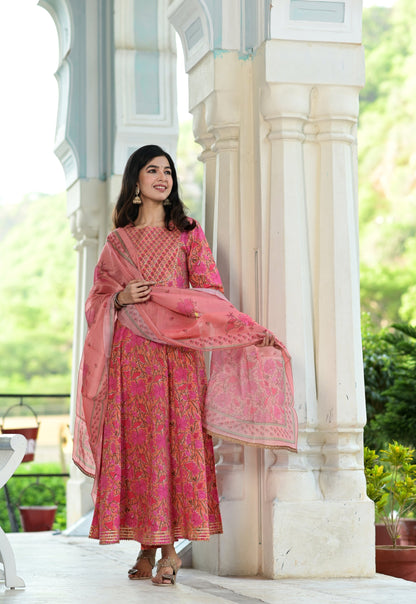 Women's Pink Handblock Dupatta Set
