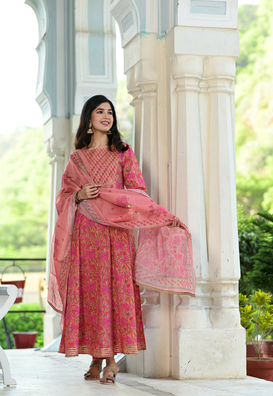 Women's Pink Handblock Dupatta Set