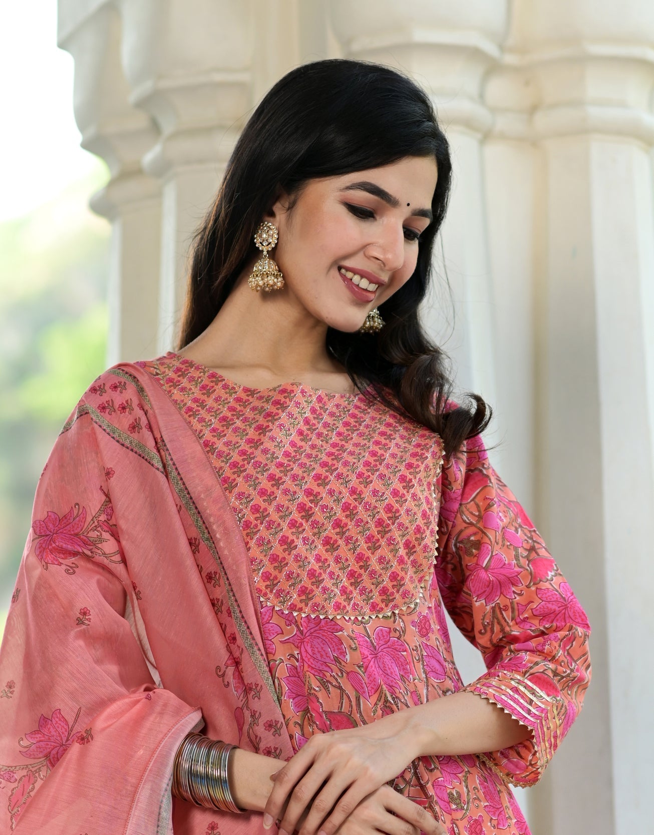Women's Pink Handblock Dupatta Set