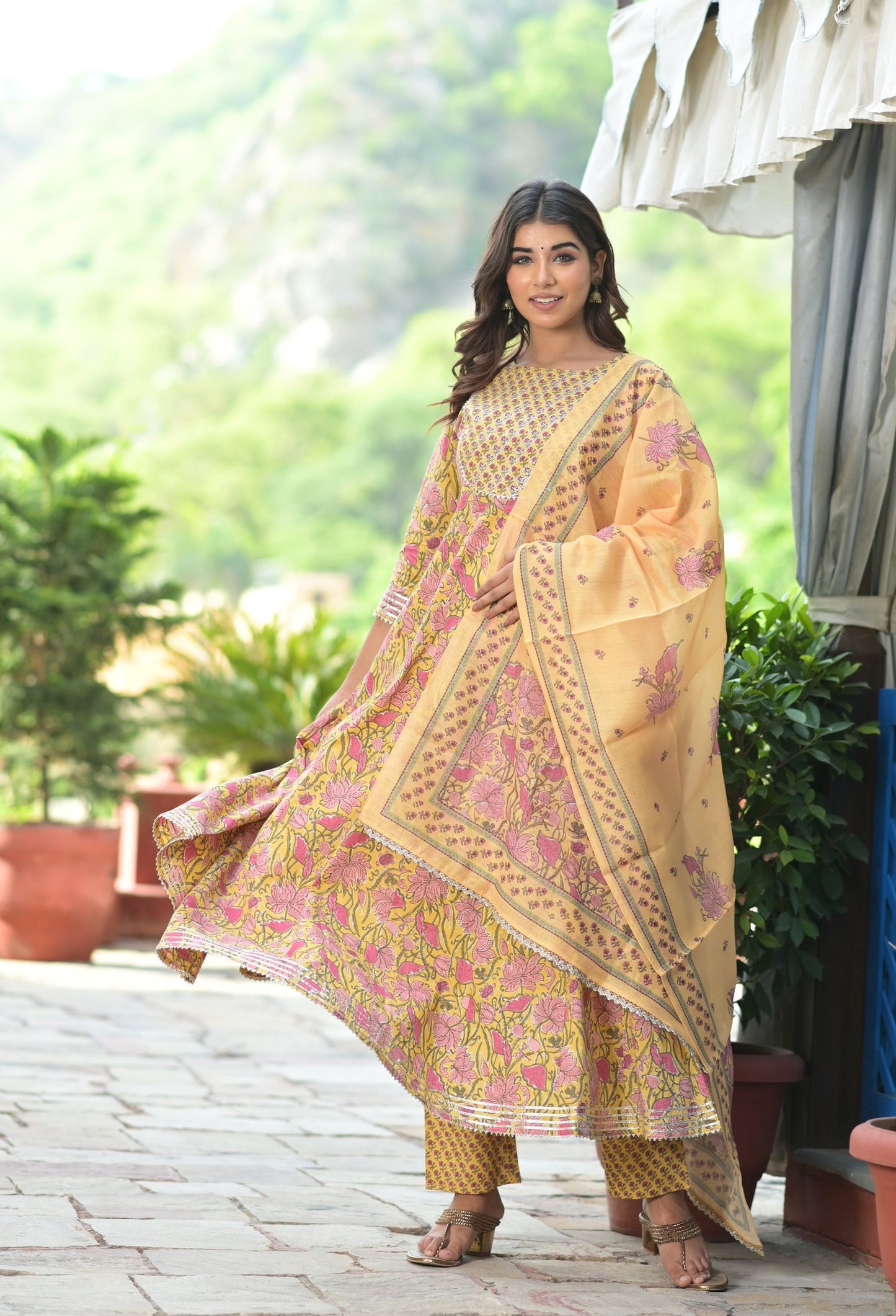Women's Yellow Handblock Dupatta Set