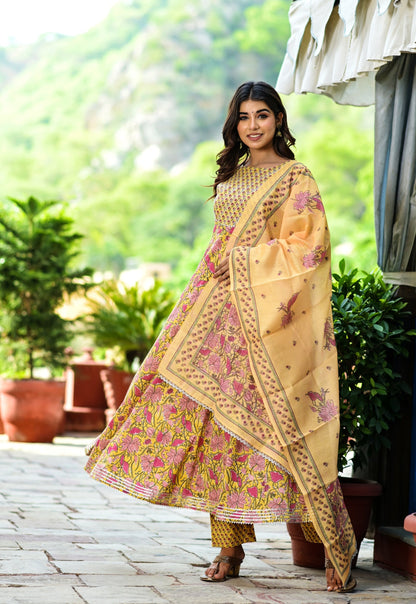 Women's Yellow Handblock Dupatta Set