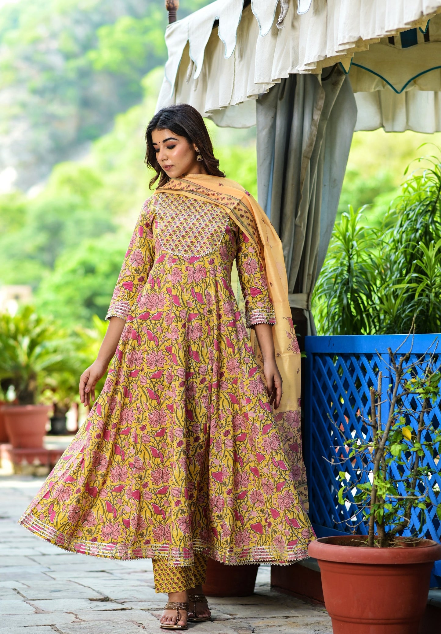 Women's Yellow Handblock Dupatta Set