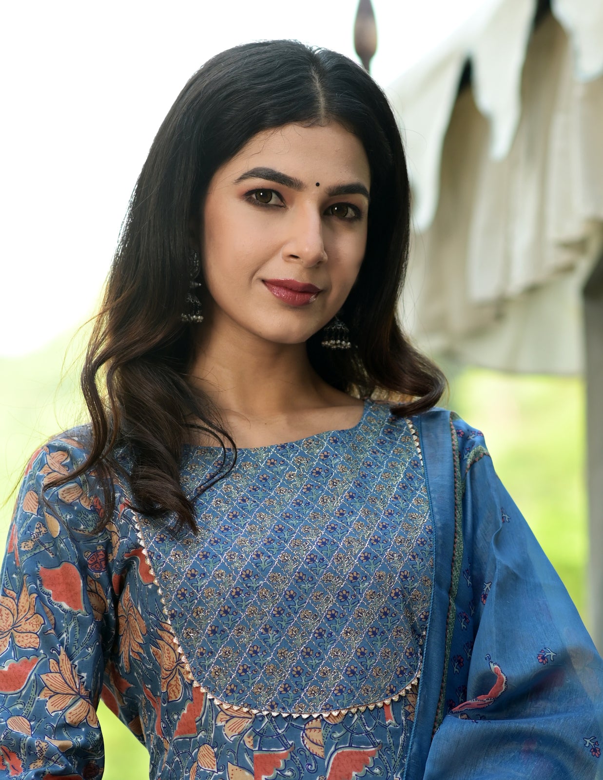 Women's Blue Handblock Dupatta Set