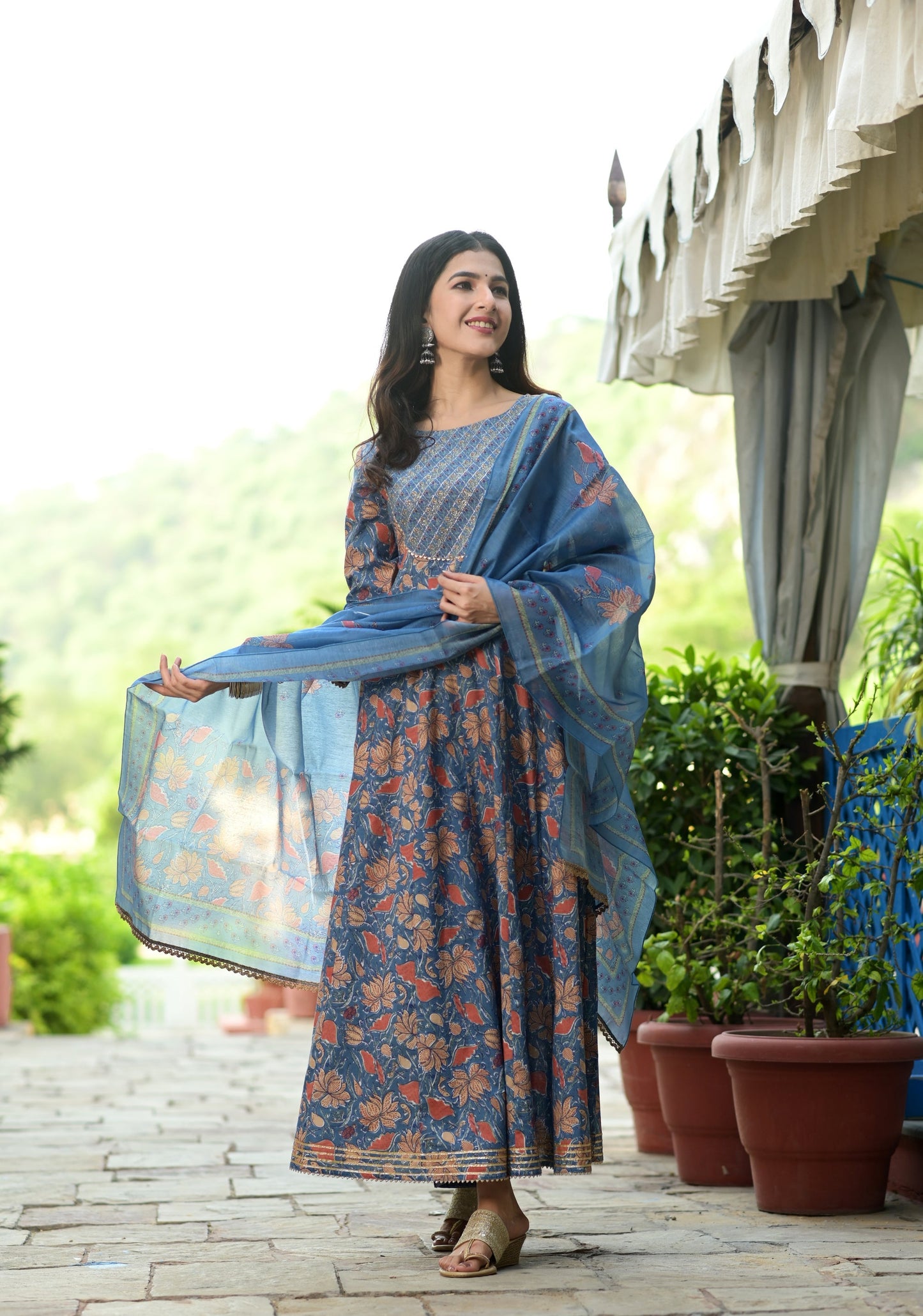 Women's Blue Handblock Dupatta Set
