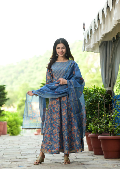 Women's Blue Handblock Dupatta Set