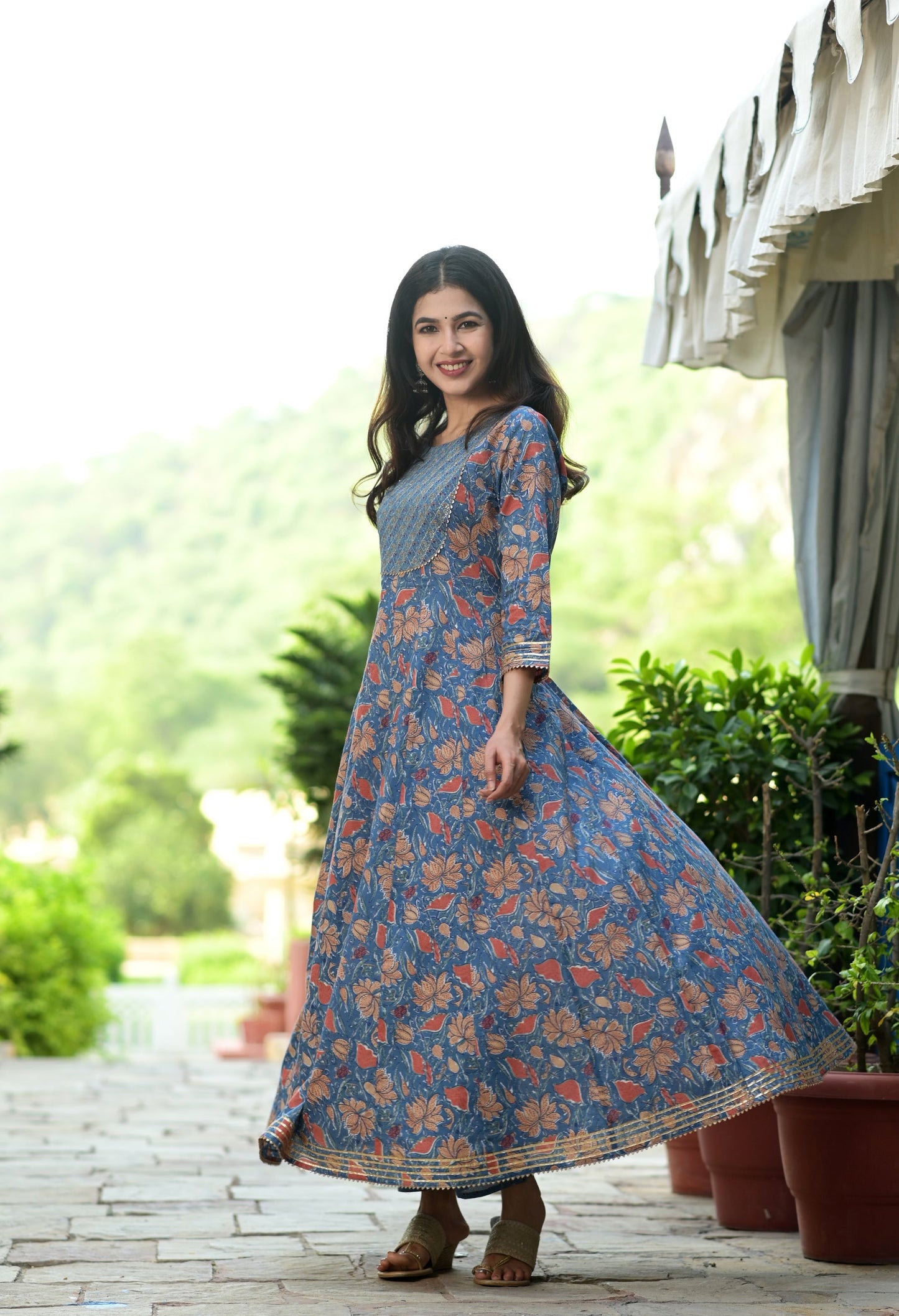 Women's Blue Handblock Dupatta Set