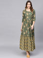 Women's  Green & Yellow Floral Printed Maxi Dress
