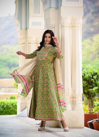 Women's Green Handblock Dupatta Set
