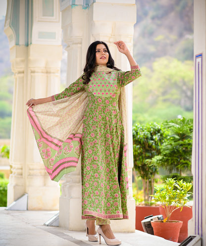 Women's Green Handblock Dupatta Set