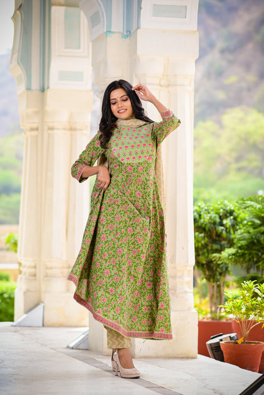 Women's Green Handblock Dupatta Set