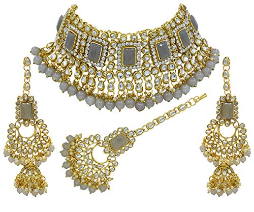 Women's 18kgold plated traditional handcrafted faux kundan pearl studded bridal necklace set with earrings maangtikkaij401w