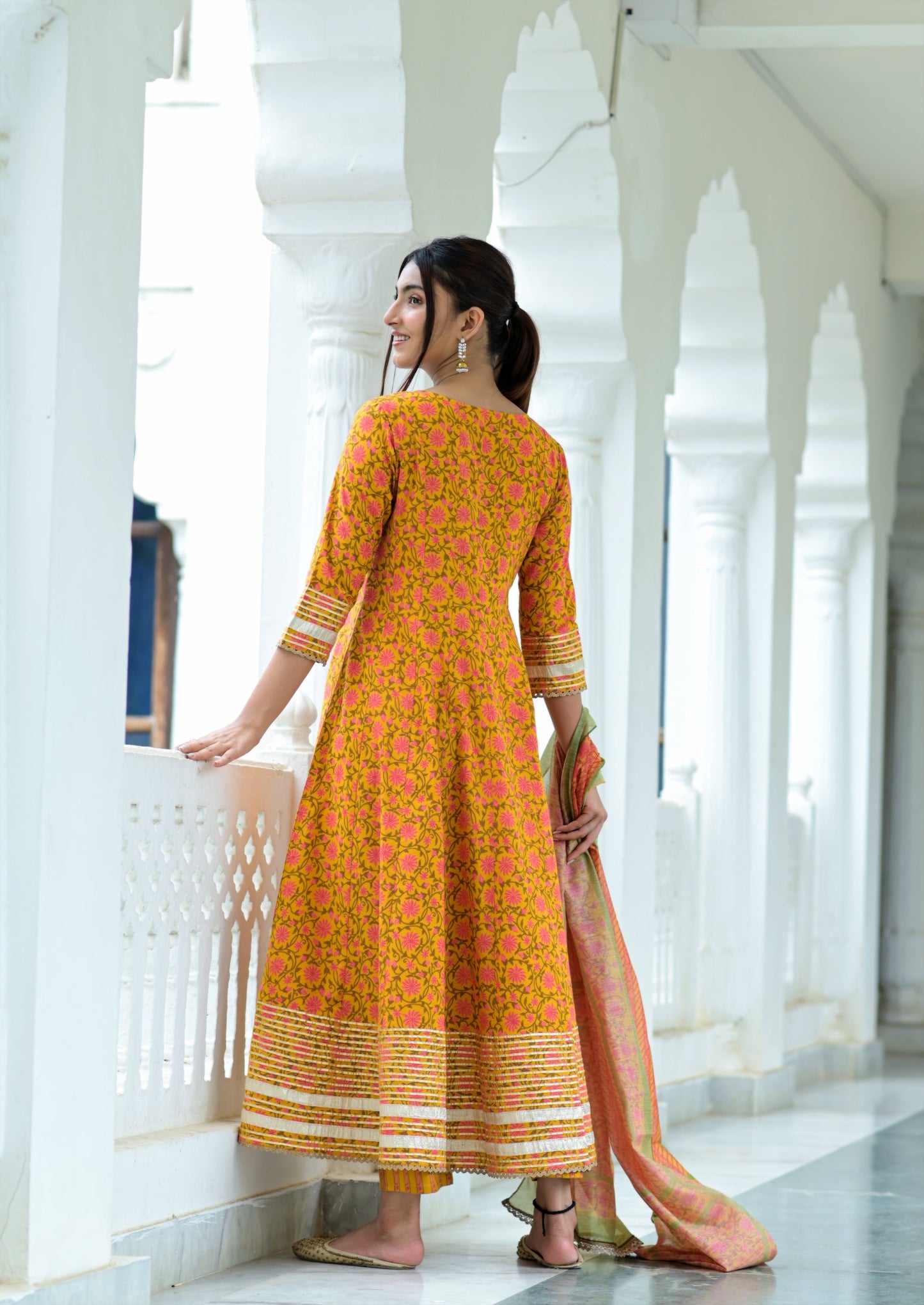 Women's Yellow Printed Dupatta Set