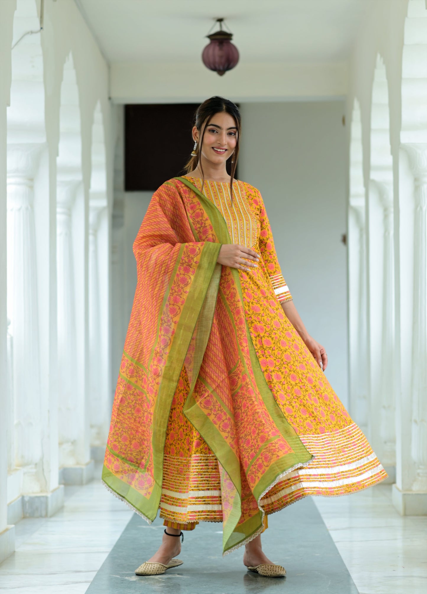 Women's Yellow Printed Dupatta Set