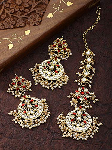 Women's Traditional Gold Plated Chandbali Kundan & Pearl Earring Set with Maang Tikka