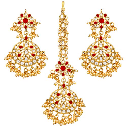 Women's Traditional Gold Plated Chandbali Kundan & Pearl Earring Set with Maang Tikka