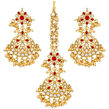 Women's Traditional Gold Plated Chandbali Kundan & Pearl Earring Set with Maang Tikka