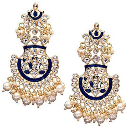 Women's  Gold Plated Meenakari Blue Earrings Glided With Kundans & Pearls