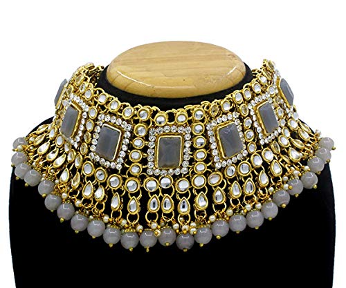Women's 18kgold plated traditional handcrafted faux kundan pearl studded bridal necklace set with earrings maangtikkaij401w