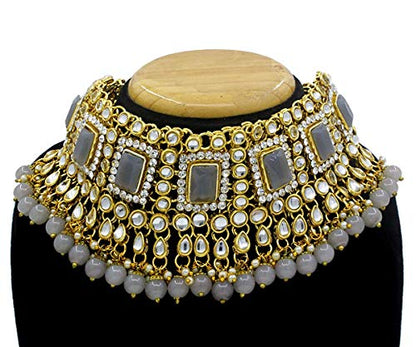 Women's 18kgold plated traditional handcrafted faux kundan pearl studded bridal necklace set with earrings maangtikkaij401w