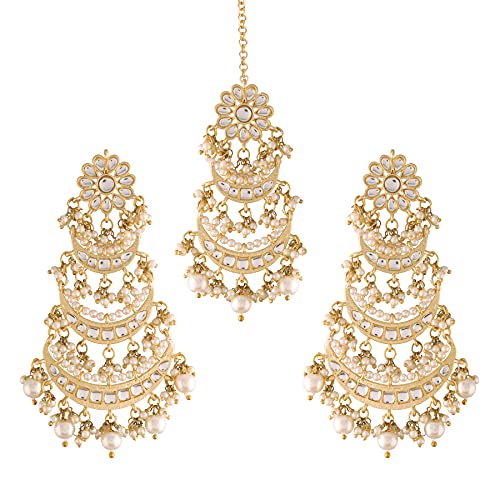 Women's Traditional Gold Plated Chandbali Kundan & Pearl Earring Set with Maang Tikka