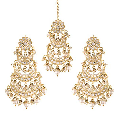 Women's Traditional Gold Plated Chandbali Kundan & Pearl Earring Set with Maang Tikka