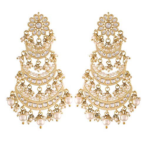 Women's Traditional Gold Plated Chandbali Kundan & Pearl Earring Set with Maang Tikka