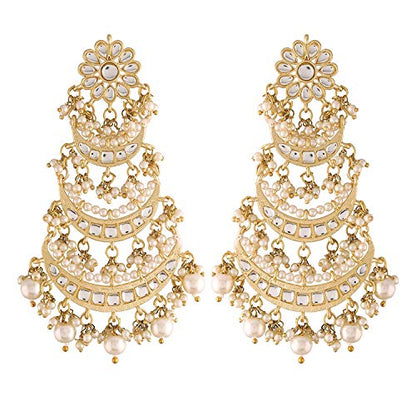 Women's Traditional Gold Plated Chandbali Kundan & Pearl Earring Set with Maang Tikka