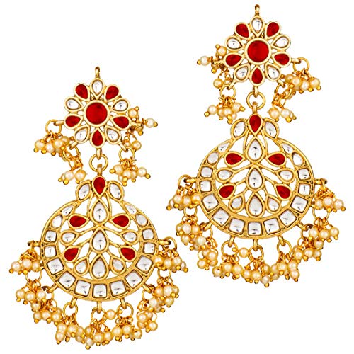 Women's Traditional Gold Plated Chandbali Kundan & Pearl Earring Set with Maang Tikka
