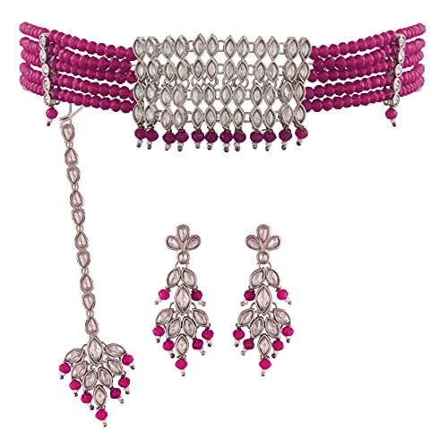 Women's Silver Plated Pink Crystal Beads with Stone Studded Choker Necklace Set