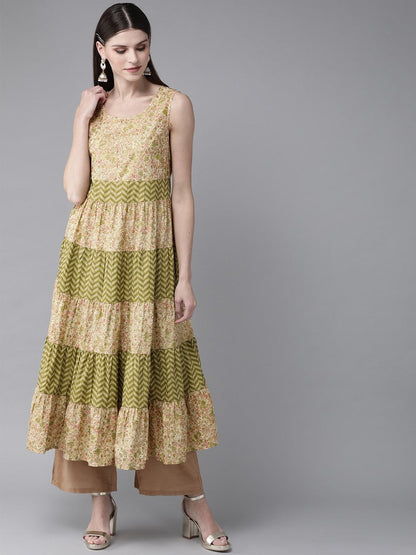 Women's  Cream-Coloured & Green Khari Print Tiered A-Line Kurta