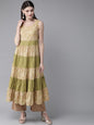 Women's  Cream-Coloured & Green Khari Print Tiered A-Line Kurta