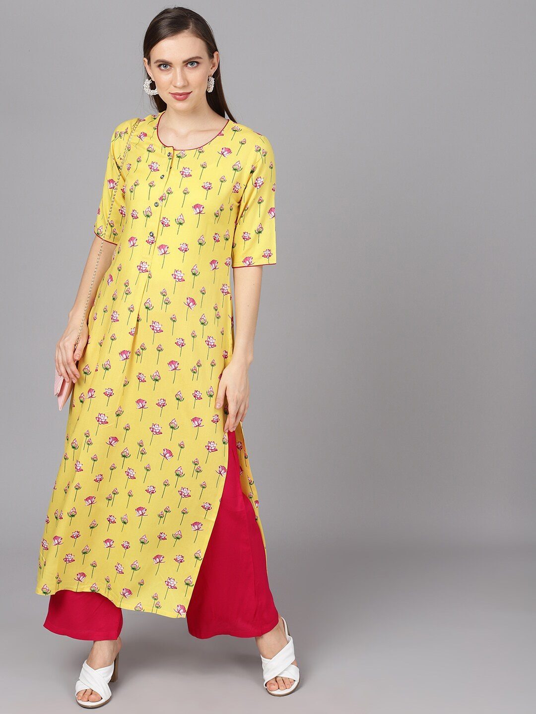 Women's  Yellow & Magenta Printed Kurta with Palazzos