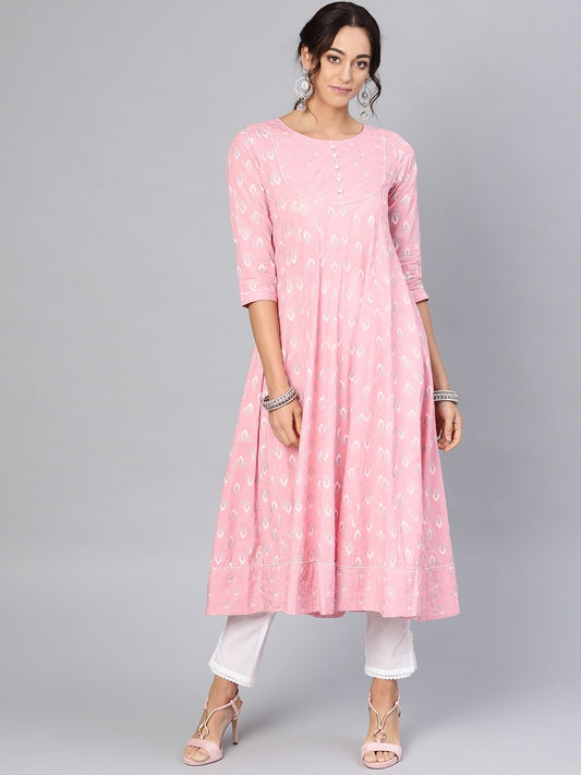Women's  Pink & White Khari Print Anarkali Kurta