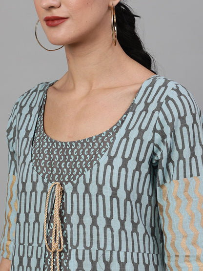 Women's  Grey & Blue Printed Kurta with Trousers