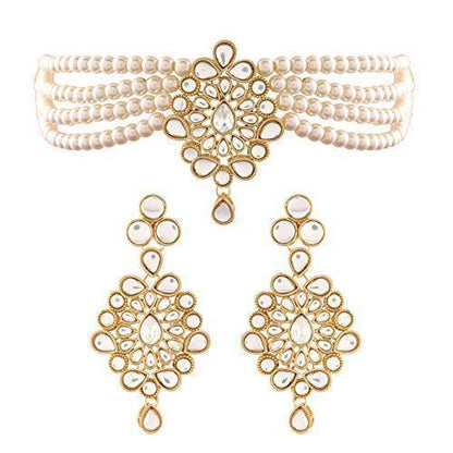 Women's Gold Plated White Kundan with Beads Choker Necklace Set