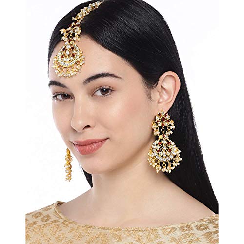 Women's Traditional Gold Plated Chandbali Kundan & Pearl Earring Set with Maang Tikka