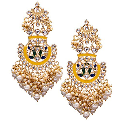 Women's 18K Gold Plated Traditional Handcrafted Meenakari Chandelier Earrings Glided With Pearl (E3008Y)