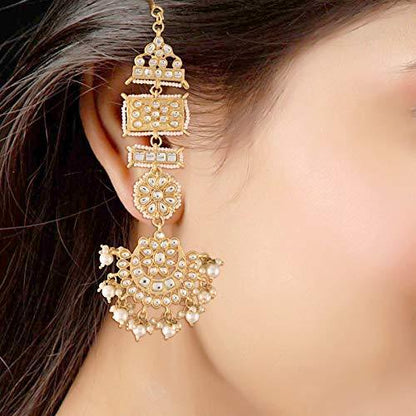 Women's Gold Plated Zinc Matte Finish Kundan And Pearl White Chandbali Earring