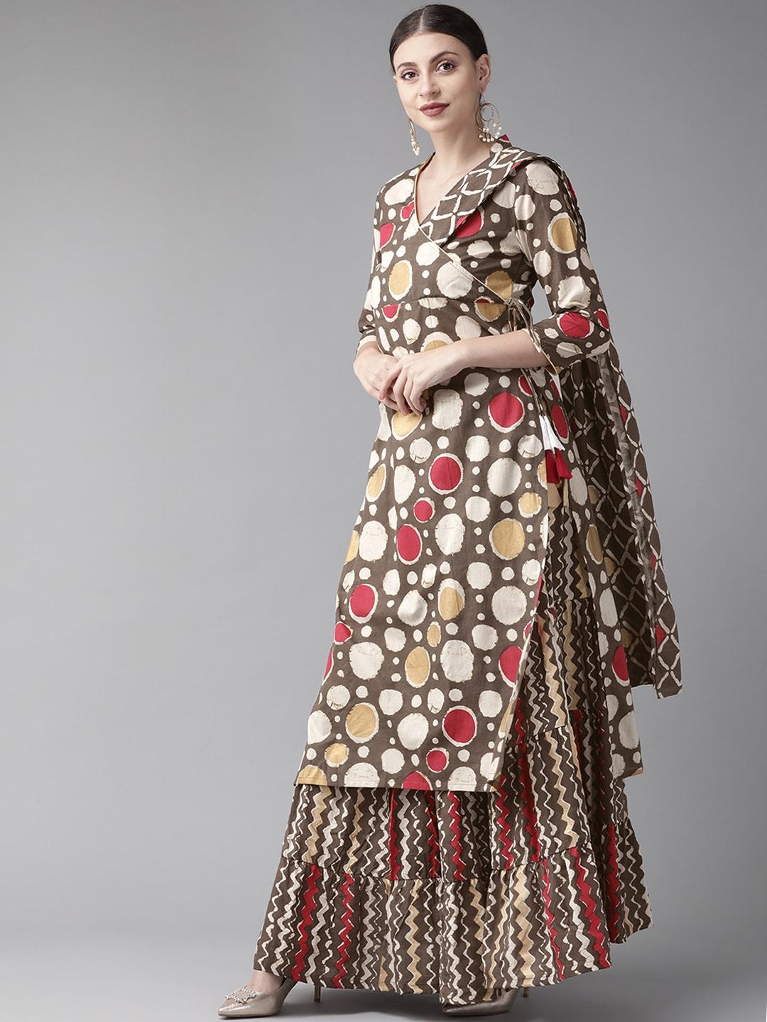 Women's  Brown & Off-White Printed Kurta with Skirt