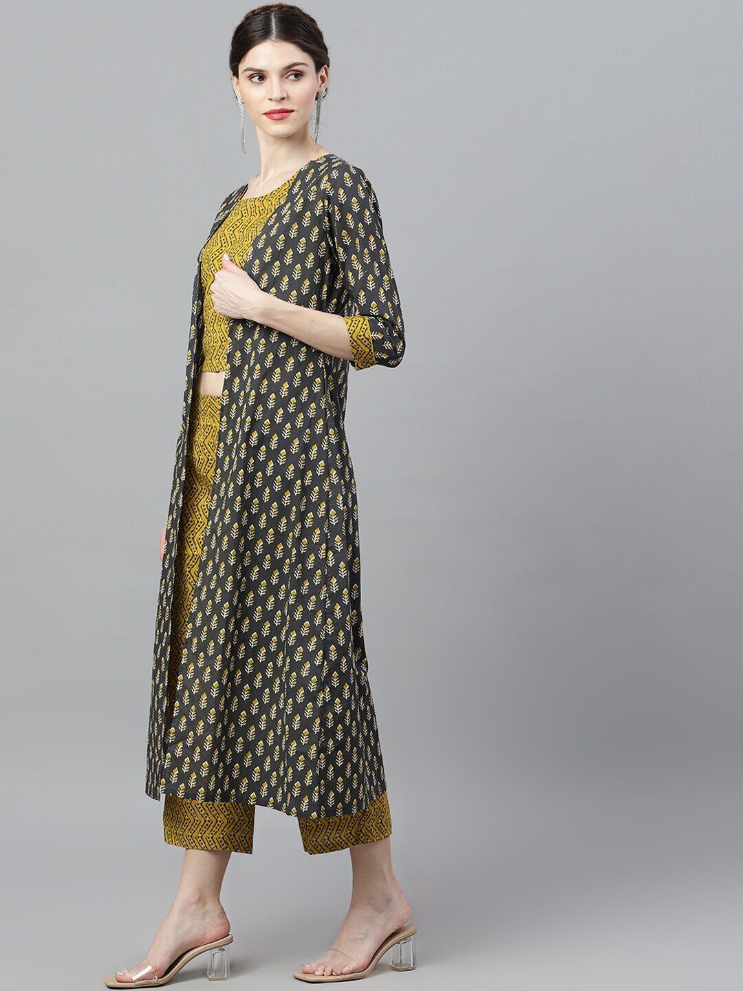 Women's Mustard & Grey Printed Top & Capri With Jacket