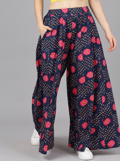 Women's  Navy Blue & Pink Bandhani Printed Flared Palazzos