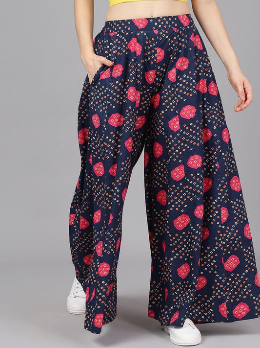 Women's  Navy Blue & Pink Bandhani Printed Flared Palazzos