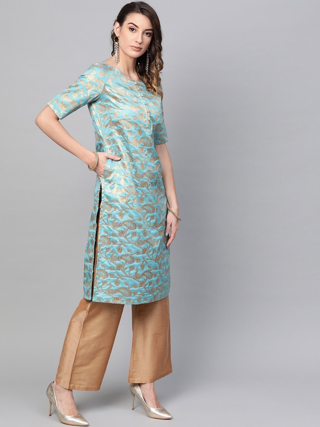 Women's  Blue & Golden Brocade Woven Design Straight Kurta