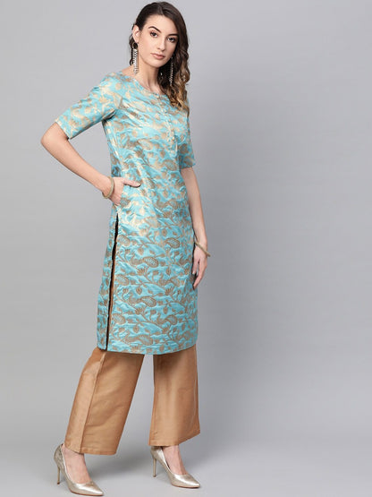 Women's  Blue & Golden Brocade Woven Design Straight Kurta