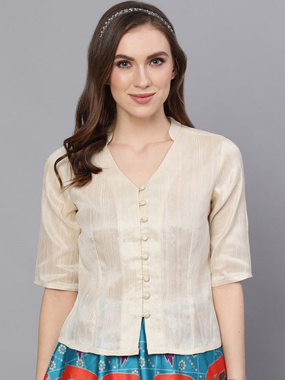 Women's Cream-Coloured Solid Shirt Style Top