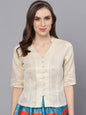 Women's Cream-Coloured Solid Shirt Style Top